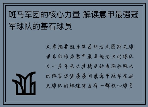 斑马军团的核心力量 解读意甲最强冠军球队的基石球员