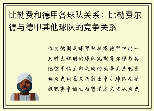 比勒费和德甲各球队关系：比勒费尔德与德甲其他球队的竞争关系