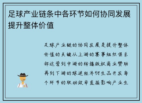 足球产业链条中各环节如何协同发展提升整体价值