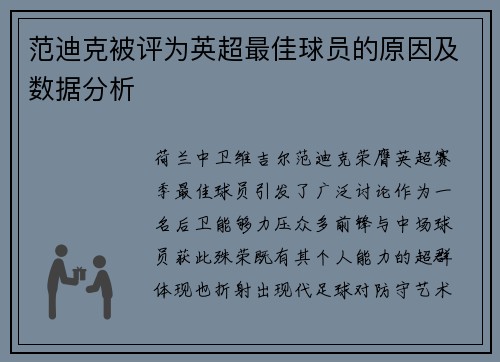 范迪克被评为英超最佳球员的原因及数据分析
